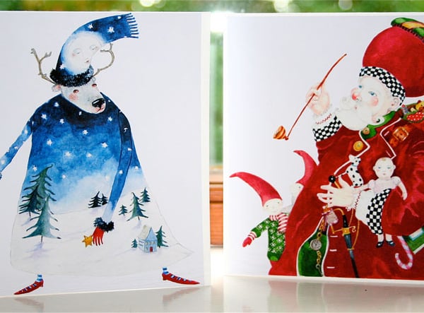 Father Christmas and winter Deer Christmas Cards  