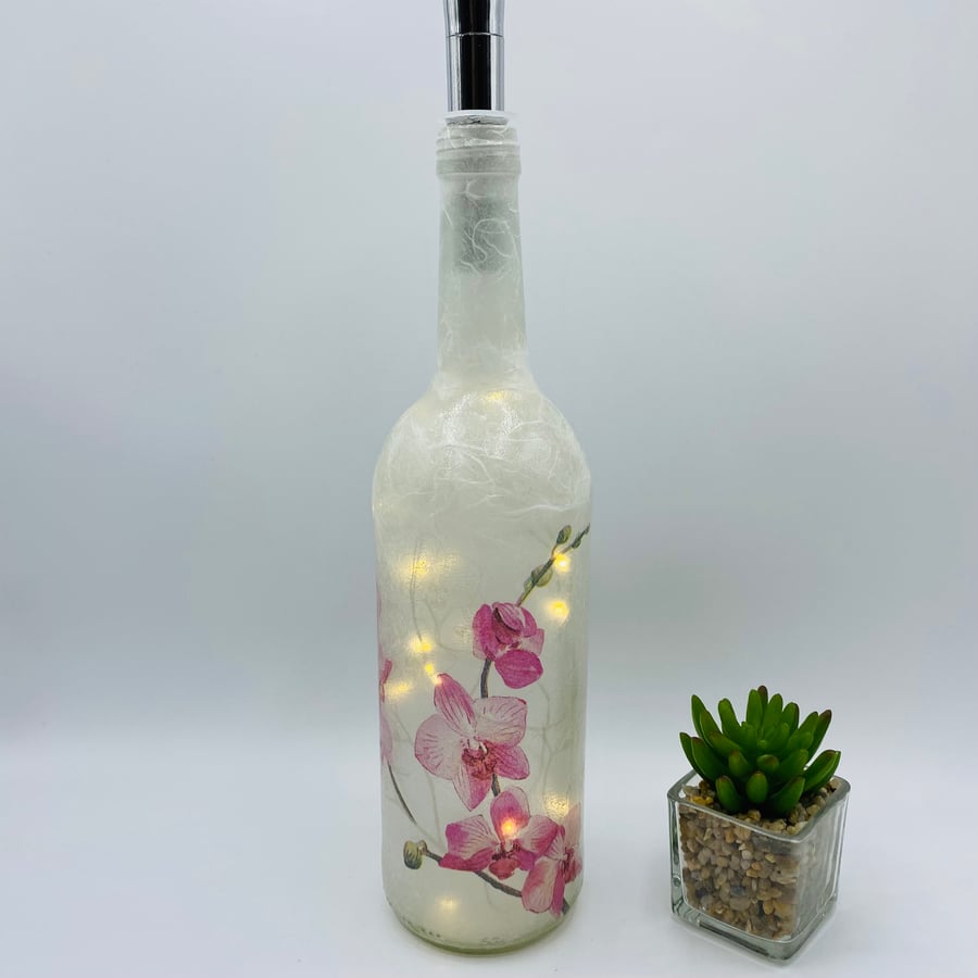 Pink Orchid, decoupaged bottle light