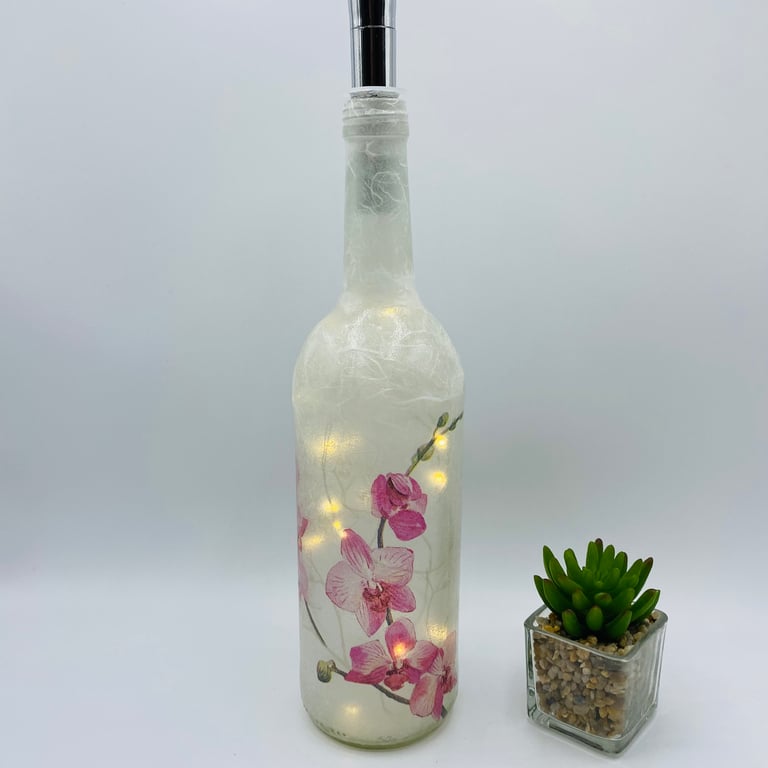 Pink Orchid, decoupaged bottle light
