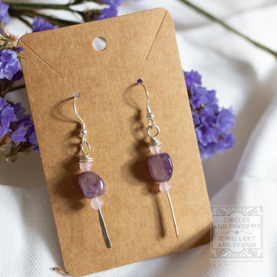 Amethyst and Rose Quartz Drop Earrings Recycled Silver