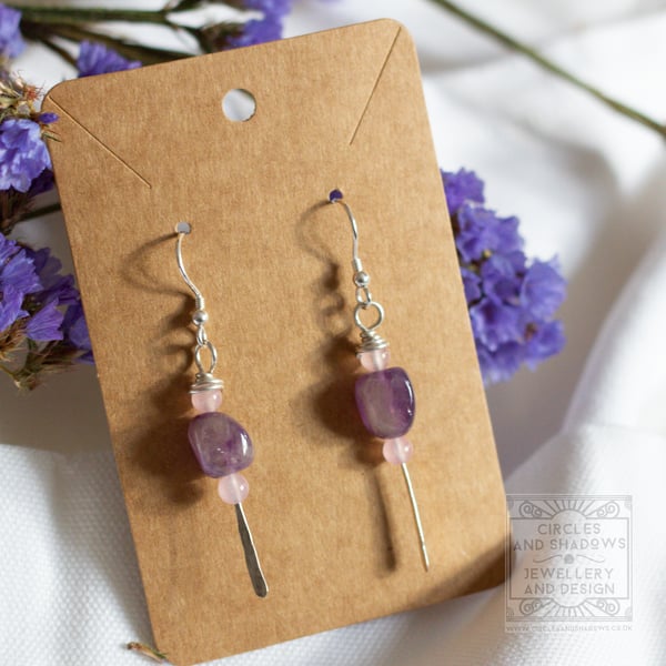 Recycled Silver Amethyst and Rose Quartz Drop Earrings
