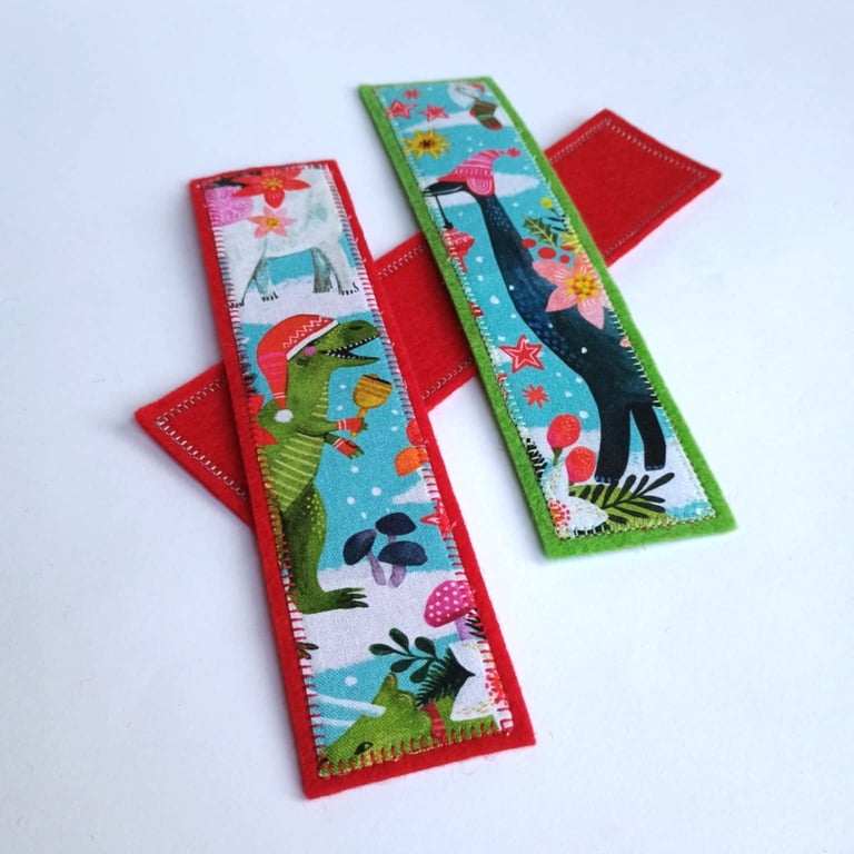 Christmas Dinosaur Bookmark - fabric and wool felt in green or red