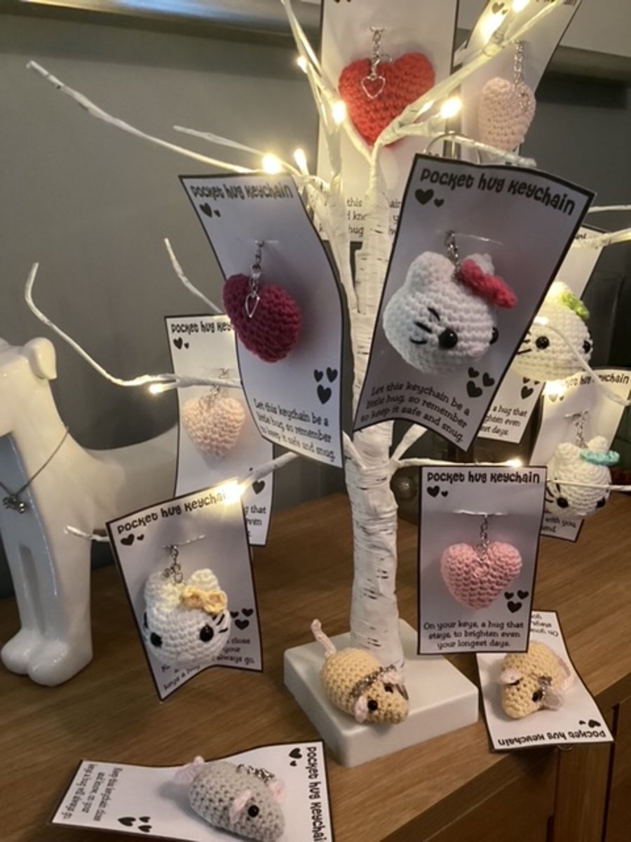 Handmade crochet Pocket hug key chains - Hearts, and Sugar Mice 