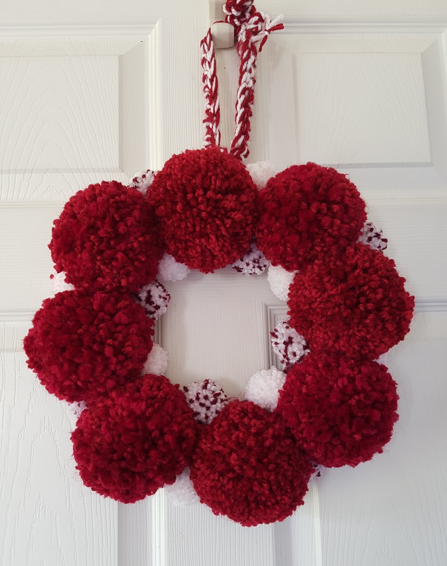 Red and White Pom Pom Wreath 34cms -13inches