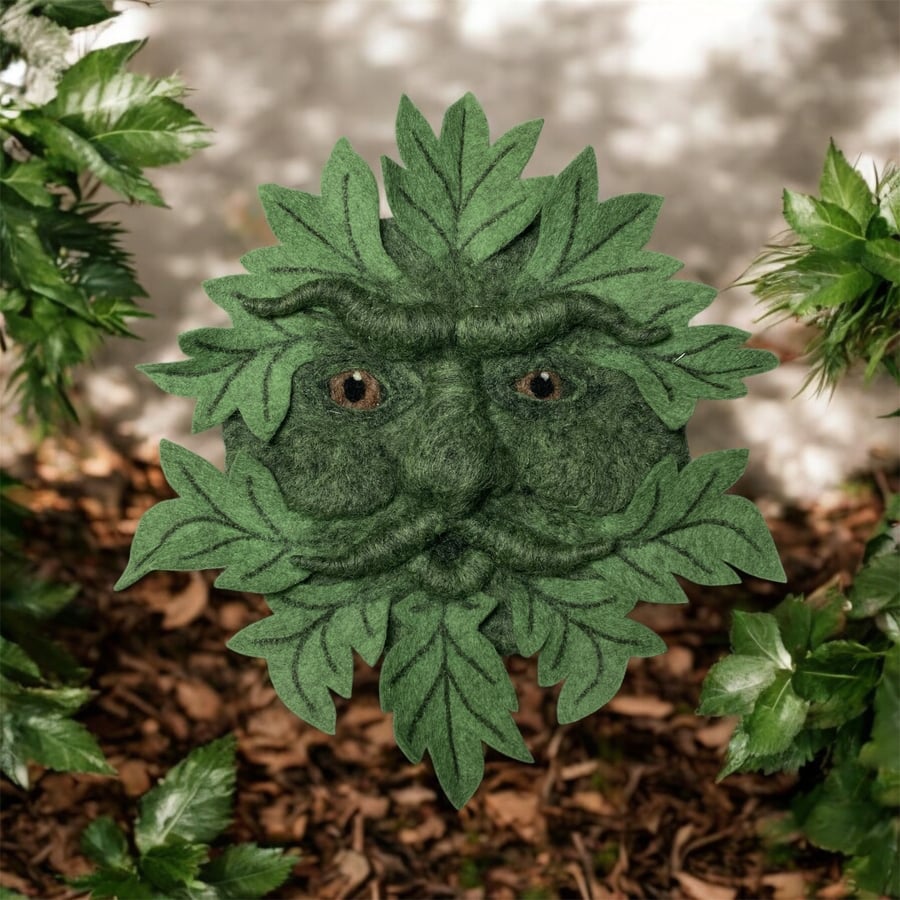 Green man, needle felted woollen sculpture, wall art (pointed leaves)