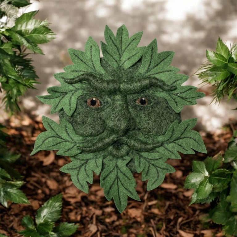 Green man, needle felted woollen sculpture, wall art (pointed leaves)