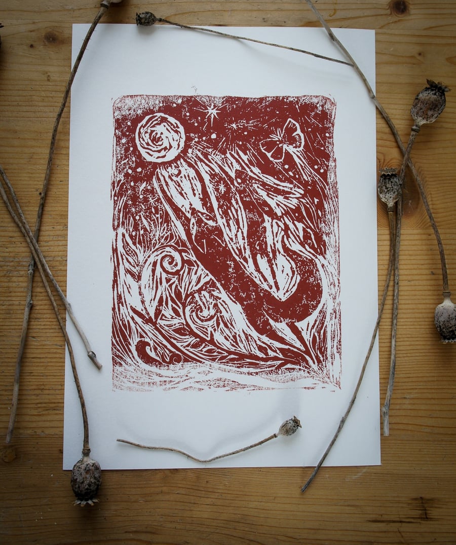 Hare And Fox Linocut Art Print Titled "Fly To The Moon"