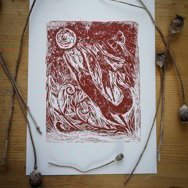 Hare And Fox Linocut Art Print Titled "Fly To The Moon"
