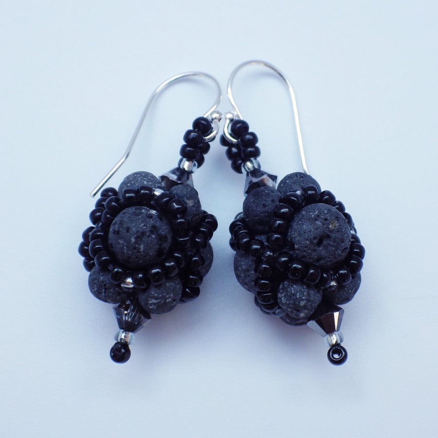 Netted beadwoven raw lava stone and Swarovski crystal earrings