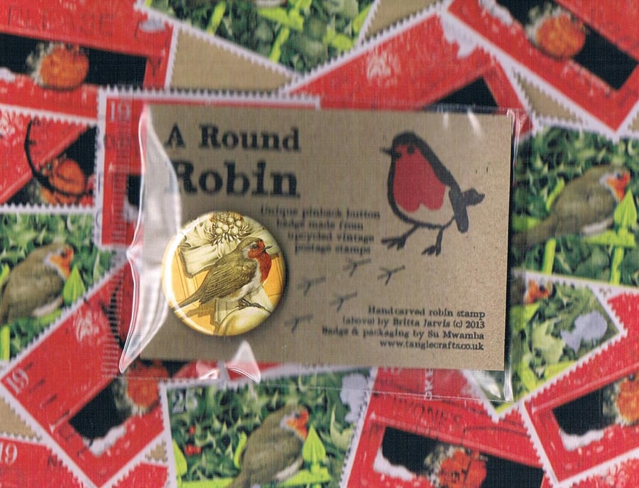 ROUND ROBIN BADGE 4 - festive upcycled postage stamp badge, sale for charity