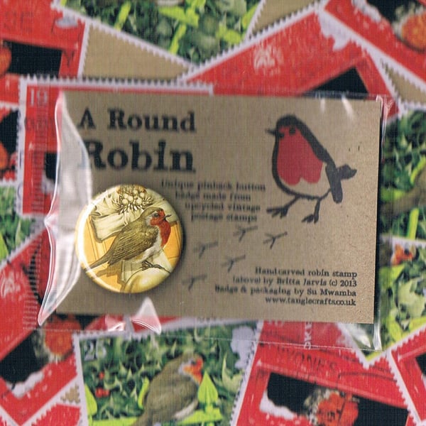 ROUND ROBIN BADGE 4 - festive upcycled postage stamp badge, sale for charity