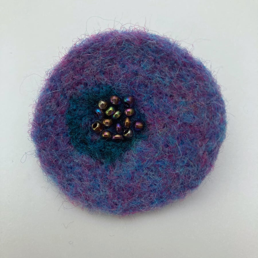 Seconds Sunday - Needle felted brooch in purple with bead cluster