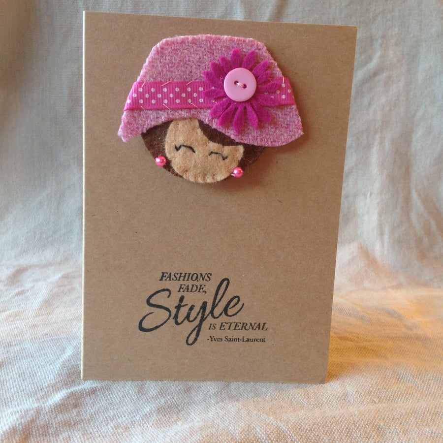 A6 kraft card with hand made brooch and hand stamped quotation