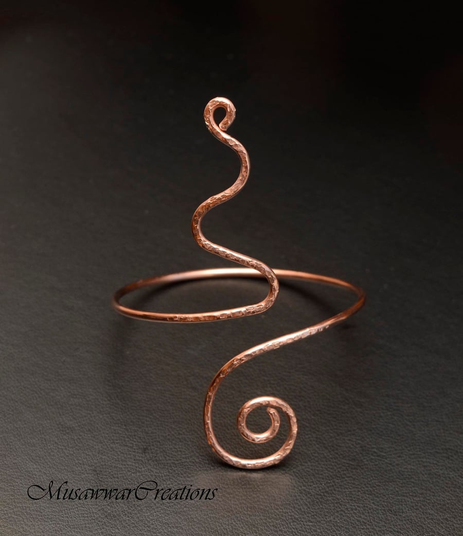 Boho Copper Armlet –  Upper Arm Bracelet, Wire Wrapped Adjustable Arm Band
