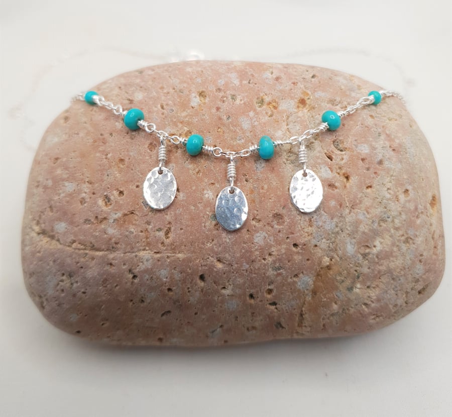 Turquoise Beaded Silver Necklace, Sterling Silver Necklace, Summer Necklace