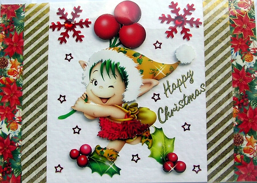 Hand Crafted Decoupage Chistmas Card - Happy Christmas (2959) Playful Imp Elf