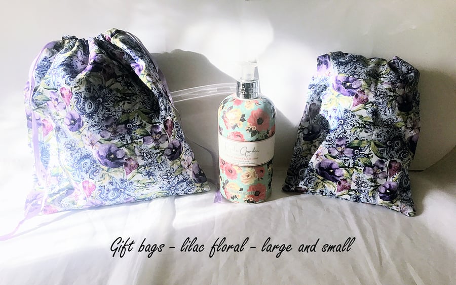 Lilac Floral Drawstring Gift Bag, Eco Friendly Reusable Fabric Bags