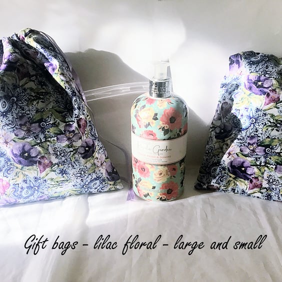 Lilac Floral Drawstring Gift Bag, Eco Friendly Reusable Fabric Bags