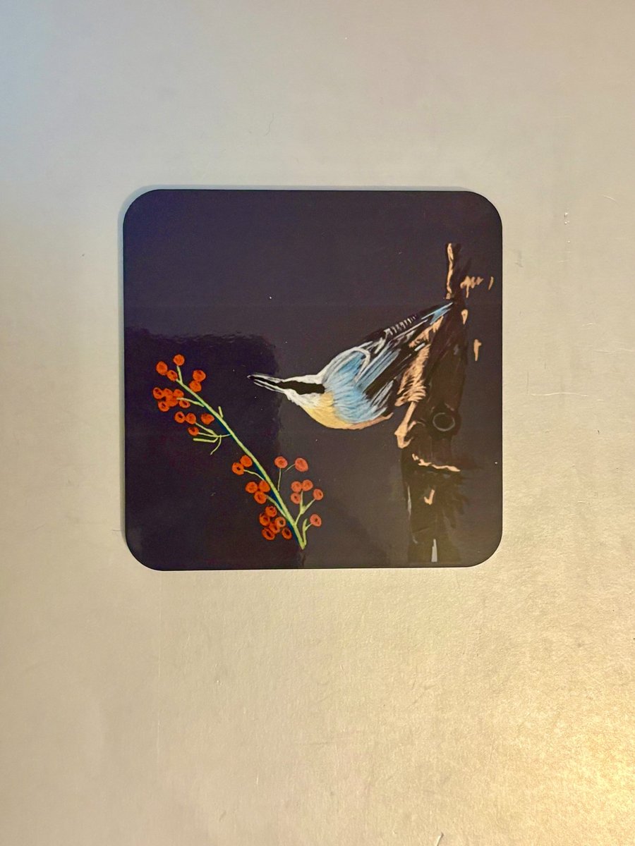 Nuthatch 9.5cm cork backed coaster 