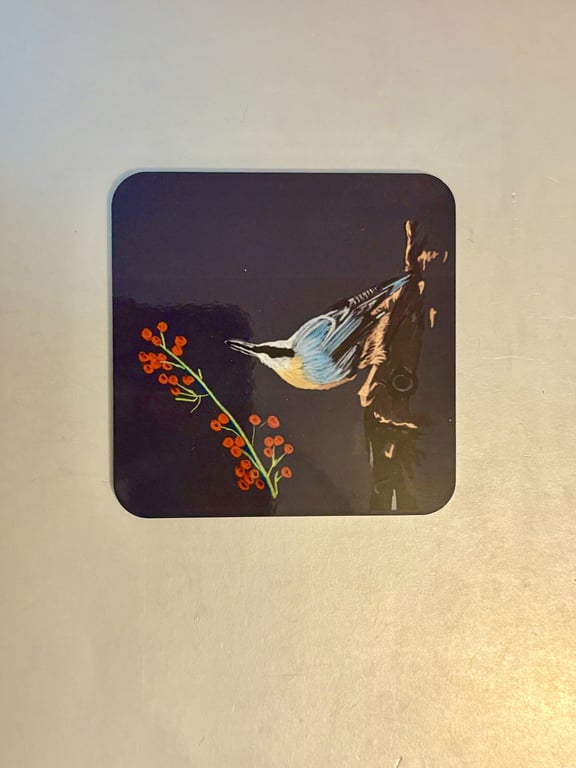 Nuthatch 9.5cm cork backed coaster 