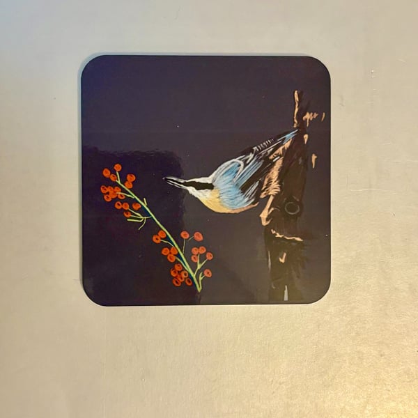 Nuthatch 9.5cm cork backed coaster 