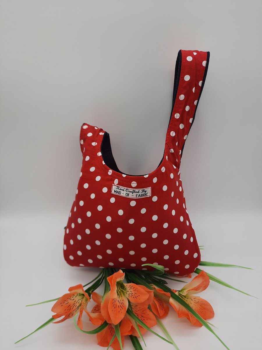 Japanese knot bag,  small, reversible,  hand bag, denim and red polkadot.  