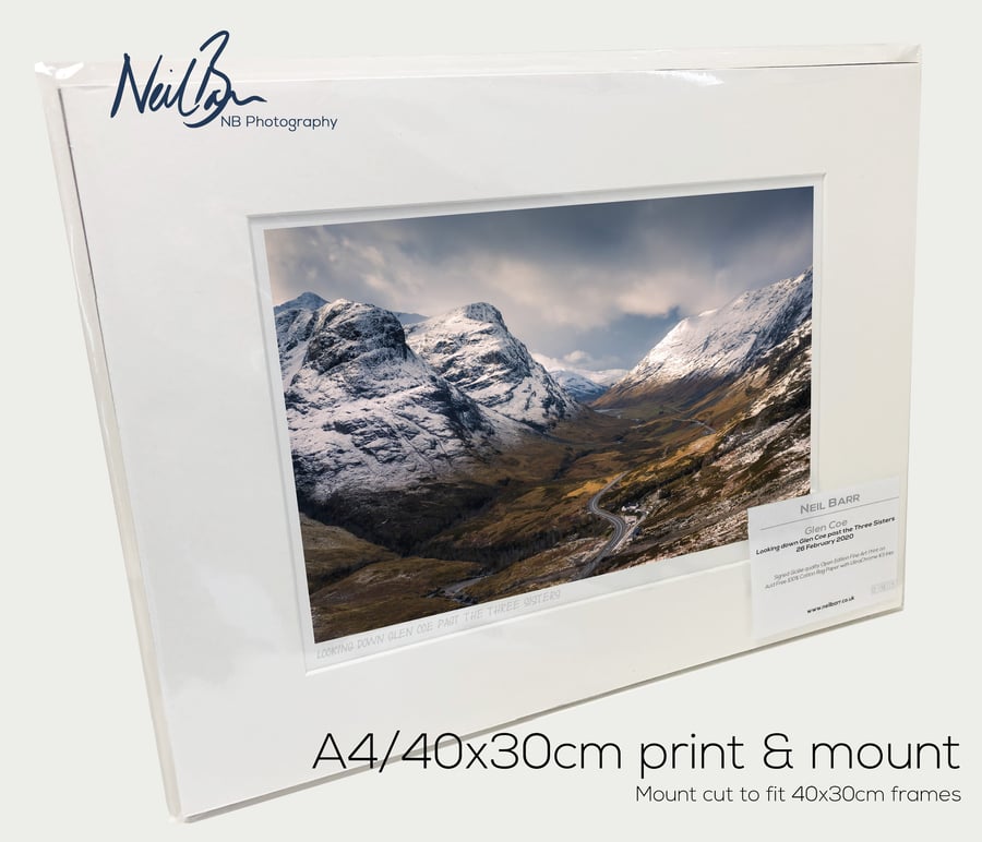 Looking down Glen Coe past 3 Sisters, Highlands - A4 (40x30cm) Unframed Print