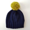 Bobble Hat in Navy Blue Chunky Yarn with Lime Green Pom Pom