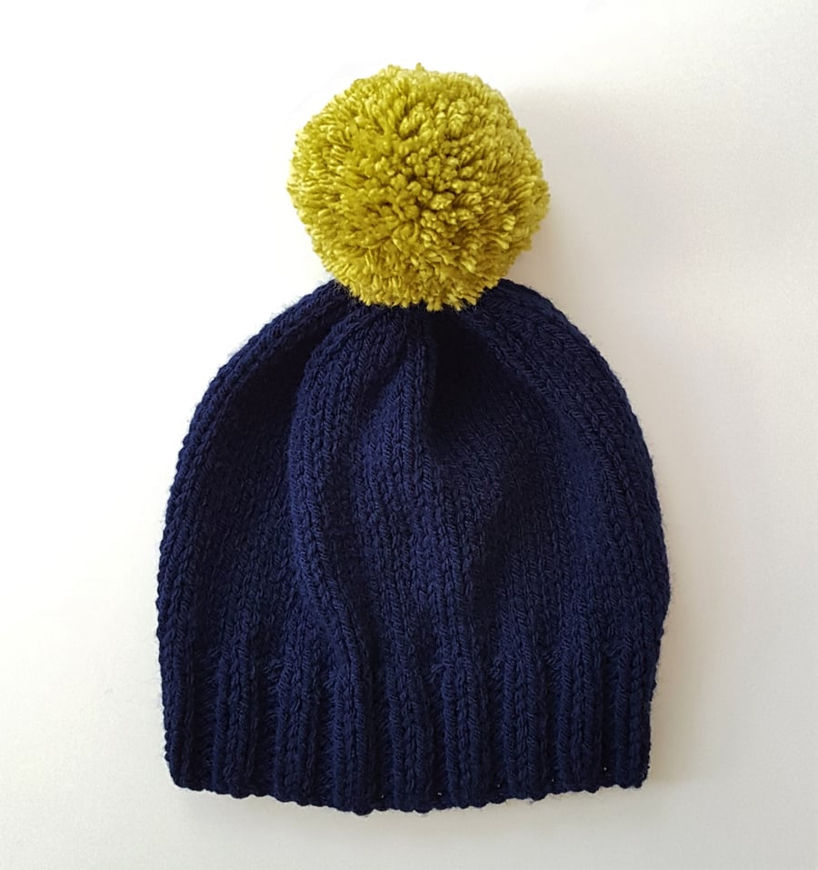 Bobble Hat in Navy Blue Chunky Yarn with Lime Green Pom Pom