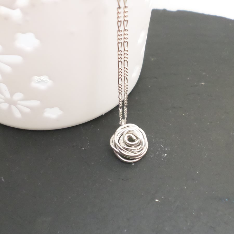 Sterling silver handmade rose pendant and necklace