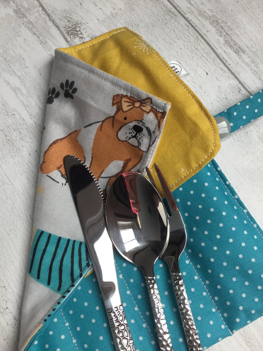 Travel cutlery roll with cutlery - dog lovers design.