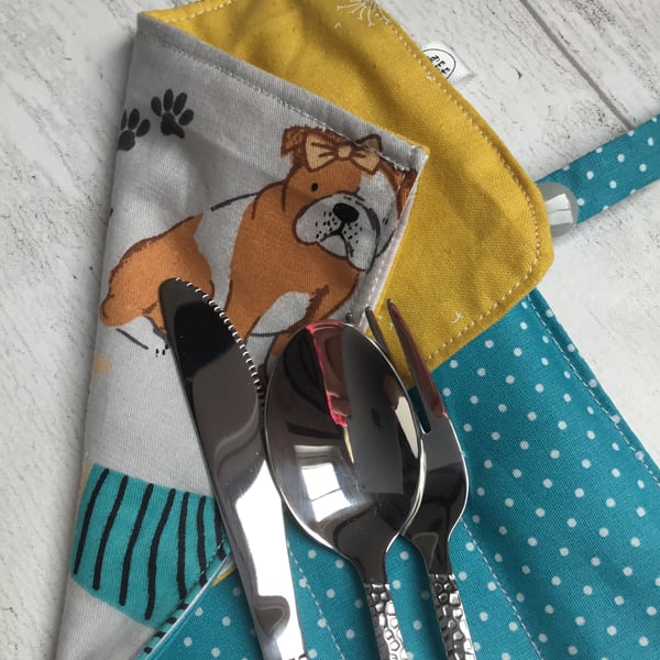 Travel cutlery roll with cutlery - dog lovers design.