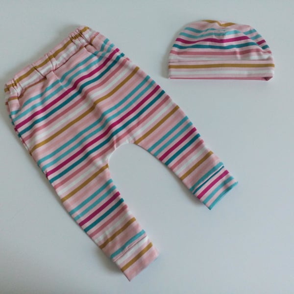 Beautiful bundle newborn gift set, Leggings, hat, 0-3 months, pink stripe design