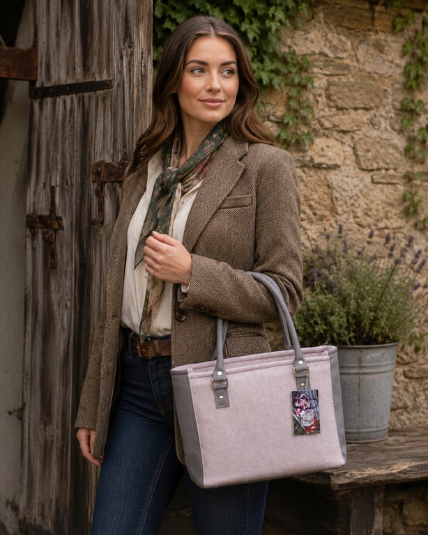 Pink wool tweed and grey leather zip top handbag 