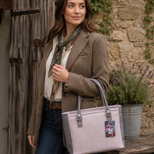 Pink wool tweed and grey leather zip top handbag 