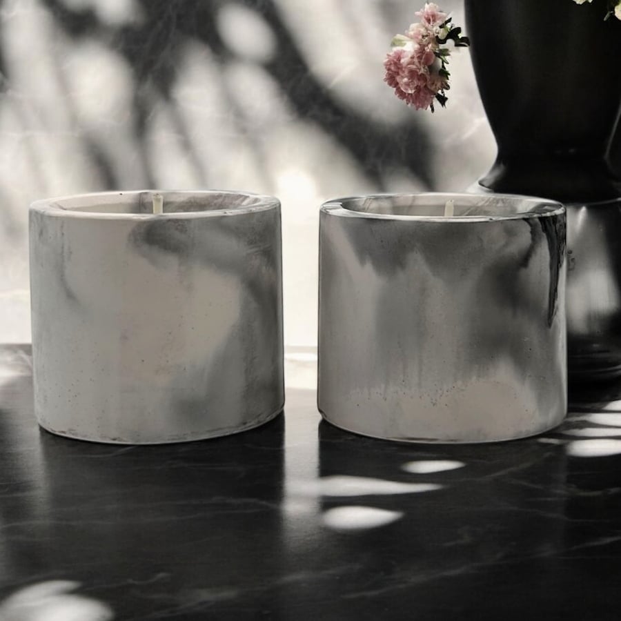 Smoky Grey Marbled Set of Two Tealight Holders - Duo of Candle Holders (dp1)