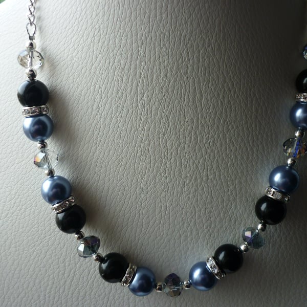 DEEP SLATE BLUE, BLACK AND RHINESTONE NECKLACE.  616