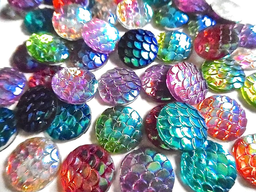 50 Flat Back Cabochons. 12mm Dragon Mermaid scale Cabochons.