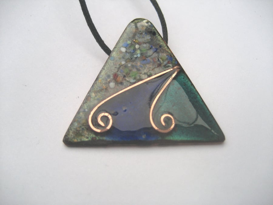 Triangle pendant in blues and green enamel