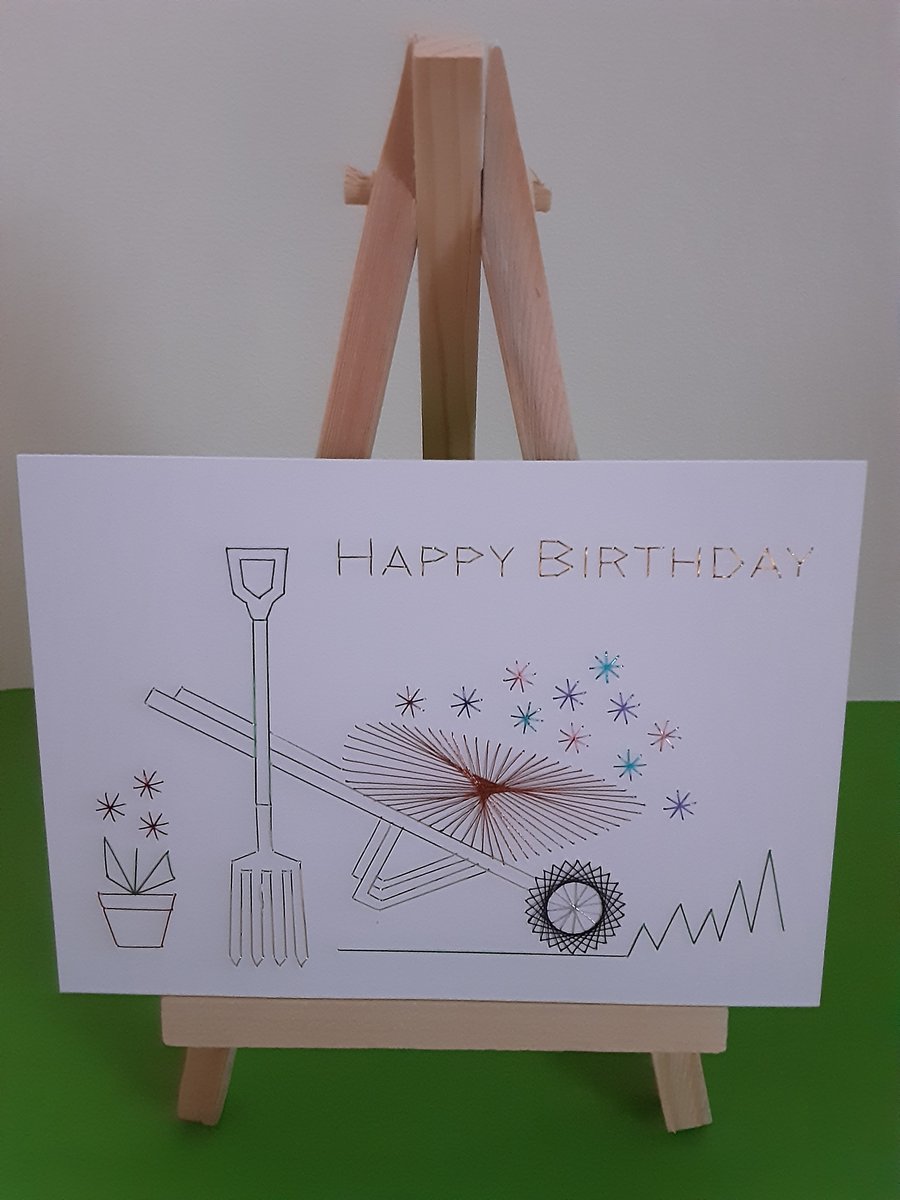 Gardening Wheelbarrow. Hand Embroidered. Birthday Card.