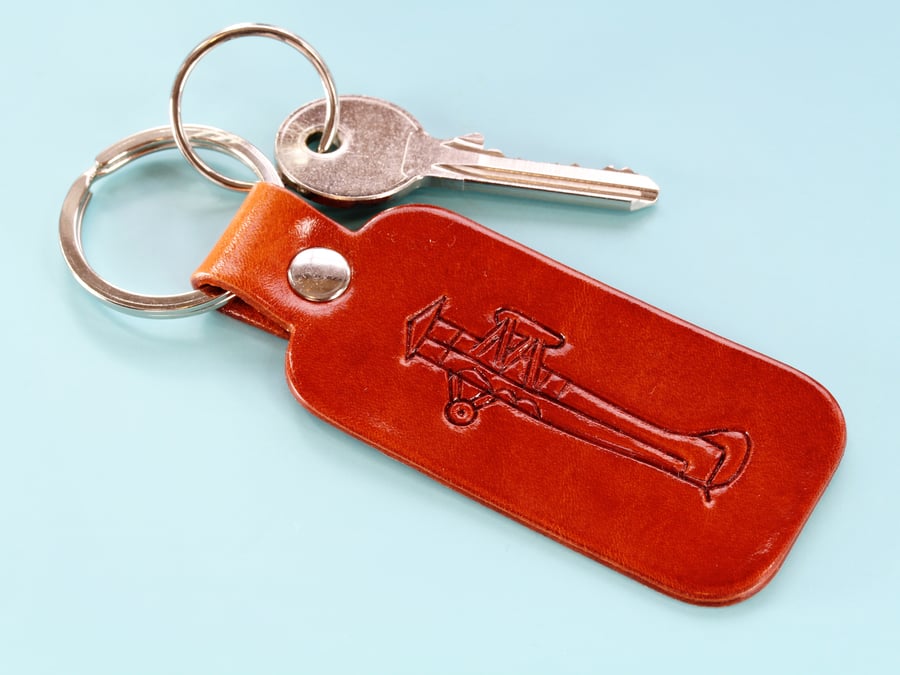 Hand Carved Tiger Moth Leather Keyring, Plane Leather Key Fob, Gift For Pilot