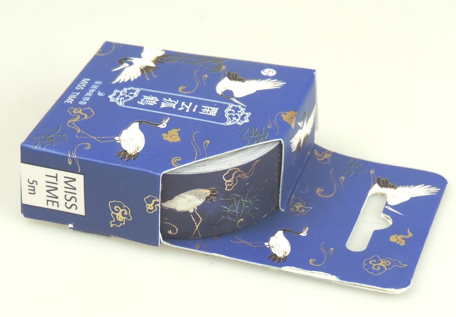 Crane decorative washi tape. Blue tape with metallic gold detail 5m