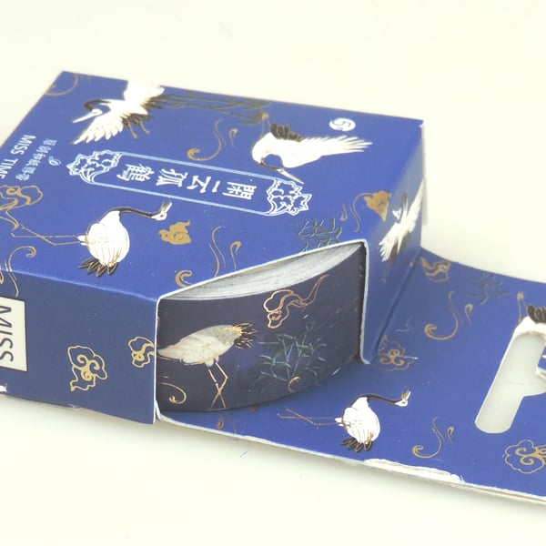 Crane decorative washi tape. Blue tape with metallic gold detail 5m