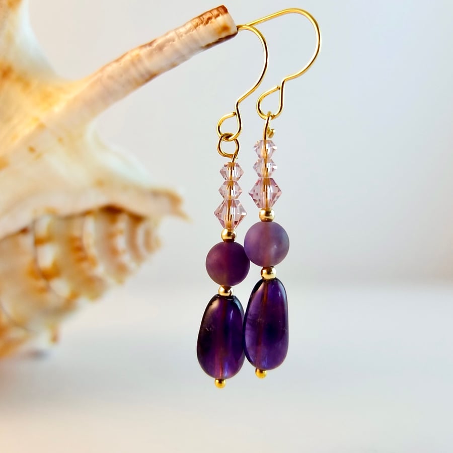 Amethyst Earring With Swarovski Crystals - Handmade In Devon