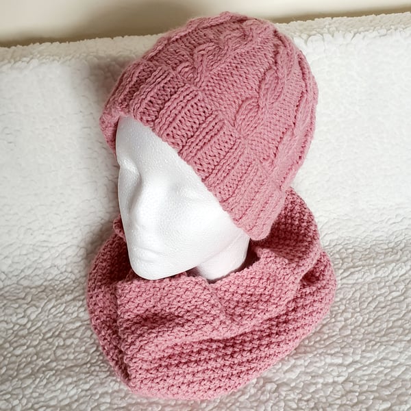 Dusky Pink hat, cowl, fingerless gloves, hand-knitted, matching set