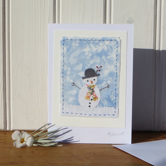 'Frosty' a hand-stitched miniature applique with finely embroidered details