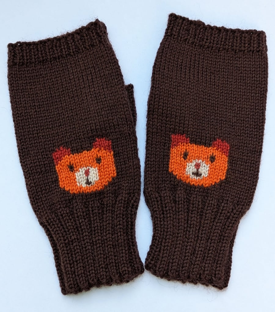 Bear Knit Fingerless Gloves, Wool Wrist Warmers, chocolate brown hand warmers
