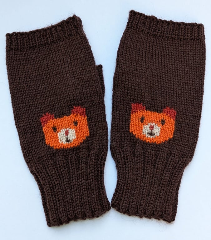 Bear Knit Fingerless Gloves, Wool Wrist Warmers, chocolate brown hand warmers