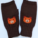 Bear Knit Fingerless Gloves, Wool Wrist Warmers, chocolate brown hand warmers