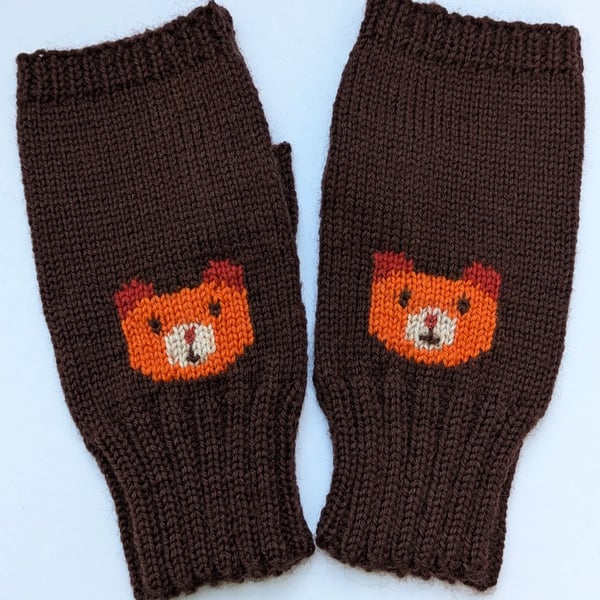 Bear Knit Fingerless Gloves, Wool Wrist Warmers, chocolate brown hand warmers